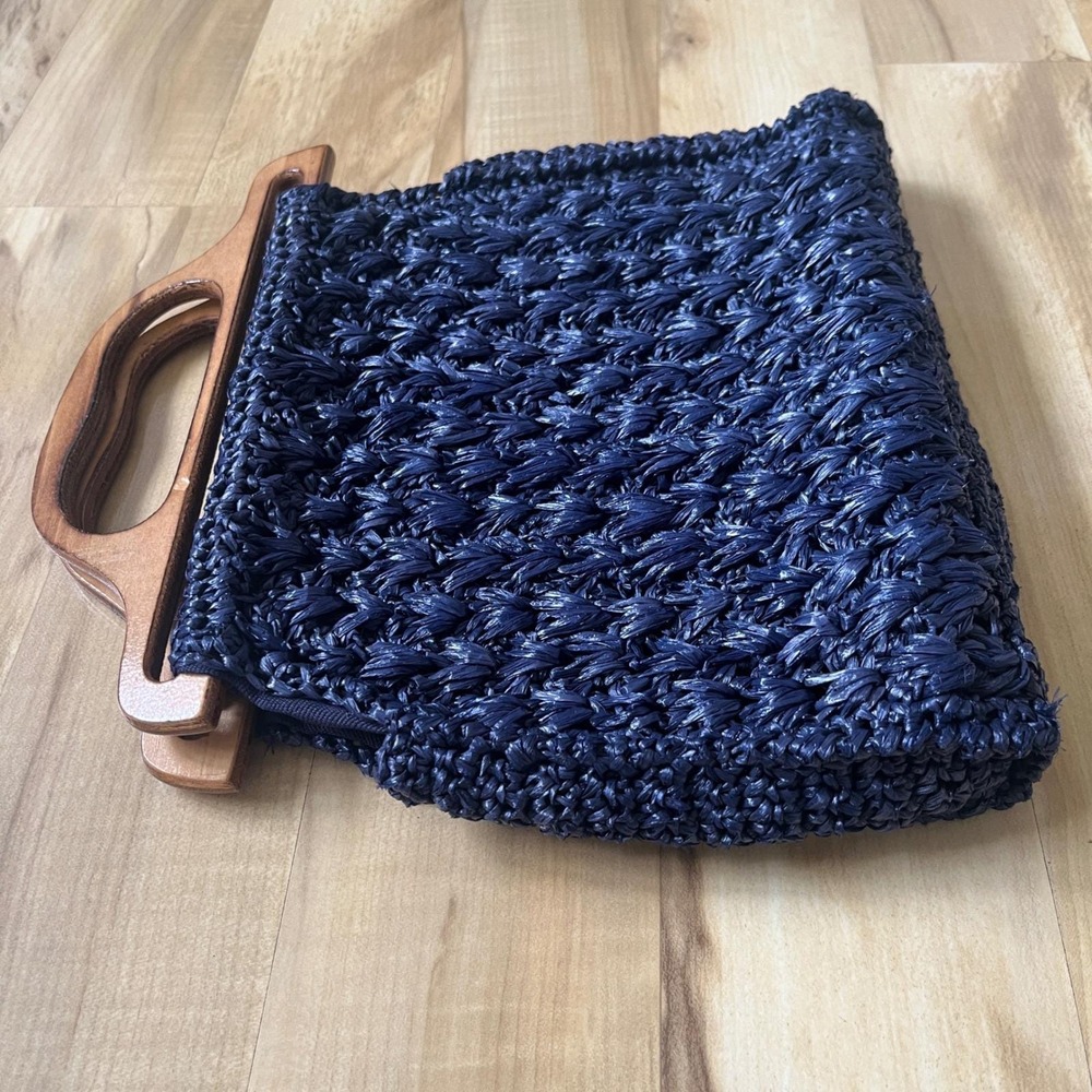 Vintage Handbag Straw Navy Blue Wood Coastal Beach Preppy Cottage‎ Classic Vacay - Picture 6 of 12